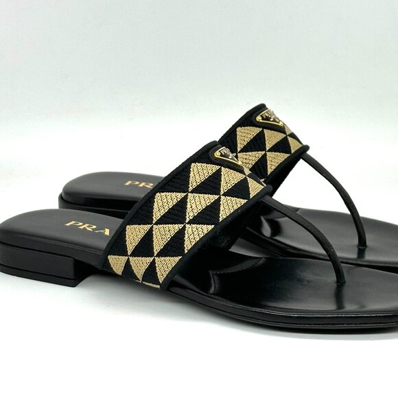 PRADA Triangular Triangle Logo Jacquard Woven T Strap Thong Flat Sandals - Picture 8 of 16
